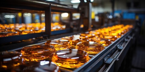 Poster - A close-up view of a conveyor belt filled with amber glass pieces, representing the meticulous process of manufacturing
