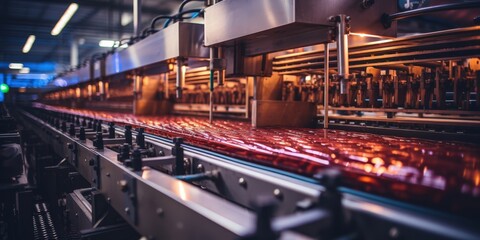 Poster - A close-up view of a red liquid flowing through a production line, showcasing the intricate machinery and complex processes involved in manufacturing