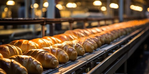 Poster - A long line of freshly baked croissants moves along a conveyor belt in a bakery, illuminated by overhead lights.