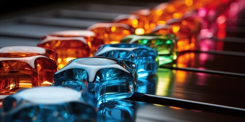 Poster - A row of vibrant glass objects arranged in a gradient of color, illuminated from behind, casting a soft glow on the reflective surface they rest on.