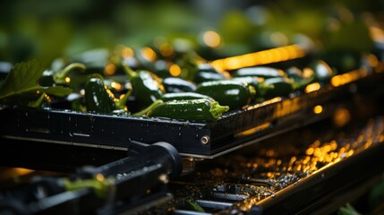 Aufkleber - A Close-Up of Fresh Green Peppers Glistening With Water Droplets on a Black Metal Tray