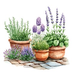 Sticker - Watercolor Illustration of Lavender and Herbs in Pots on a Stone Path.