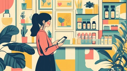 Wall Mural - Minimalist Retro Illustration of Successful Small Business Owner Launching Shop with Smartphone in Fun Color Palette