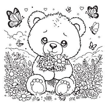 A cute little bear is holding flowers for coloring page
