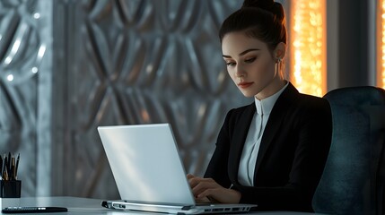 Poster - A Businesswoman Working at a Desk with a Laptop