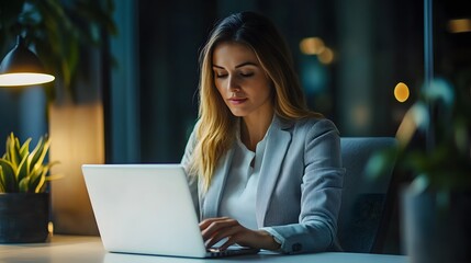 Poster - A Woman Working on a Laptop in a Dimly Lit Office