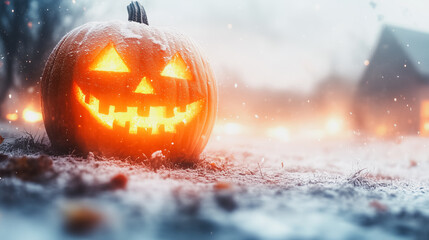 A pumpkin with a smiley face on it is sitting on the ground in the snow. The scene is set in a winter landscape, with a house in the background. The pumpkin's cheerful expression