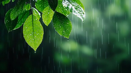 A peaceful rain shower in a forest, with raindrops dripping from tree leaves and soft mist rising from the ground