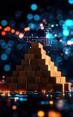 Abstract pyramid made of blocks, illuminated with blue and orange bokeh background.