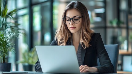 Poster - Woman Working on a Laptop in a Modern Office Setting