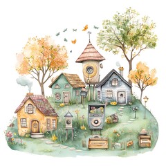 Wall Mural - Watercolor illustration of a whimsical village with houses, trees, and musical instruments.