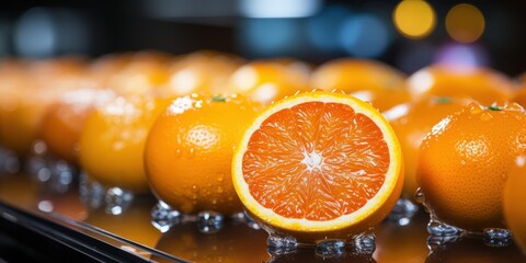 A close-up view of a halved orange, revealing its juicy and vibrant interior, set against a backdrop of whole oranges glistening with droplets of water.