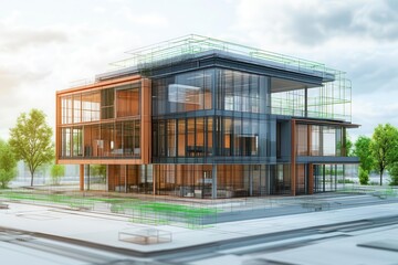 Energy efficiency simulation software analyzing building blueprints for sustainable architecture, sustainability software, concept green building research solution