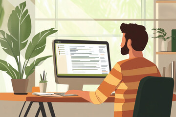 Poster - man is sitting at a desk with a computer monitor in front of him. he is typing on a keyboard and has