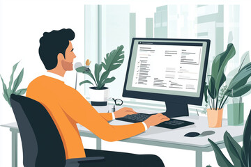 Poster - man is sitting at a desk with a computer monitor in front of him. he is typing on a keyboard and has