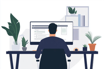Poster - man is sitting at a desk with a computer monitor in front of him. the desk is cluttered with papers 