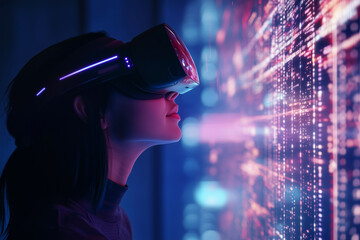 Poster - woman wearing a virtual reality headset is looking at a computer screen with a lot of numbers and li