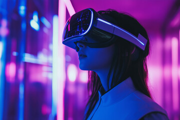 Poster - woman wearing a virtual reality headset is looking at a computer screen with a lot of numbers and li