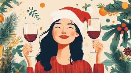 Wall Mural - Festive Video Call Celebration - Minimalist Retro Christmas Illustration with Playful Color Palette