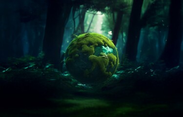 Aufkleber - A mossy orb floats in a dark forest, shrouded in an ethereal glow.