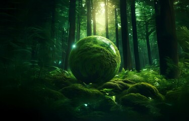 Poster - A mossy sphere sits in the center of a sunlit forest, surrounded by lush greenery.