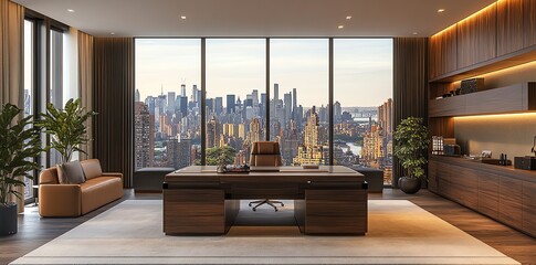 Aufkleber - Modern office interior with large windows overlooking a cityscape.