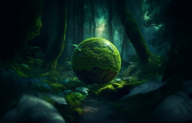 Poster - A mossy orb sits in the center of a dark and misty forest.