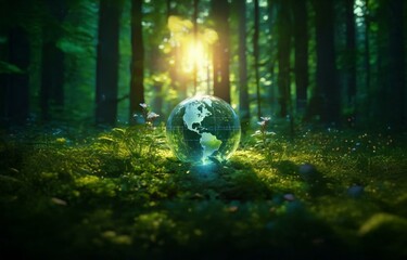 Poster - A glass globe sits in the middle of a forest, surrounded by greenery and flowers, with the sun shining through the trees in the background.