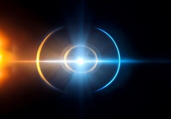 A bright light shines through a dark space.  Two glowing rings surround the central point, one orange and the other blue.