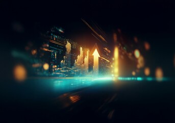 Poster - a glowing arrow points upward in front of a blurred blue and orange digital display.