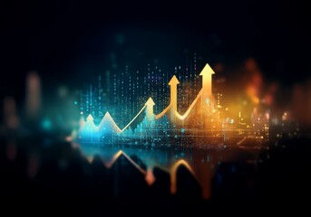 Poster - A glowing gold graph with arrows pointing upward against a dark blue and orange background.