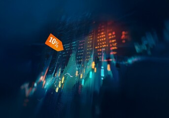 Poster - A futuristic screen with a vibrant blue background displaying data and a bright orange arrow pointing to a ten percent increase.