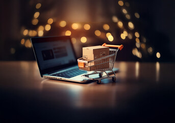 Poster - A cardboard box sits in a miniature shopping cart on top of a laptop computer.