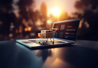 Poster - A small shopping cart with a cardboard box sits on a laptop keyboard.