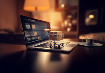 Poster - A miniature shopping cart sits on the keyboard of a laptop, carrying a small cardboard box.