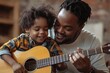 © Pixel Quest - Mature man spending spare time with his son at home, teaching him how to play beautiful song on guitar, Generative AI