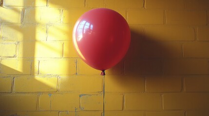 Poster - Red balloon against yellow brick wall, sunlight casting shadows. Minimalist concept