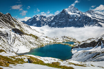 Bachalpsee lake and beautiful snowy mountains in background, Grindelwald, Switzerland