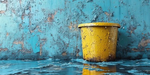 A weathered yellow bucket sits on a wet, blue, and textured surface in front of a faded, peeling wall