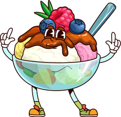 Wall Mural - Ice cream sundae groovy character. Cartoon vector delightful dessert bowl, topped with chocolate sauce, raspberries, and blueberries. Joyful summer treat personage exudes retro funky cheerful vibes