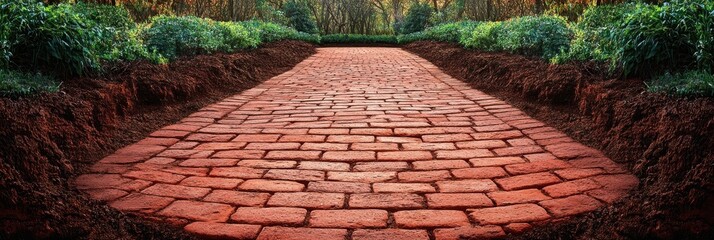 A winding brick path through a verdant landscape, inviting exploration and promising a journey of discovery