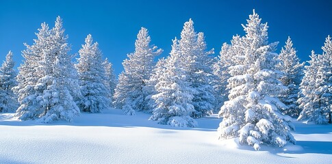 Poster - Snow-covered pine trees in a winter forest under a blue sky.