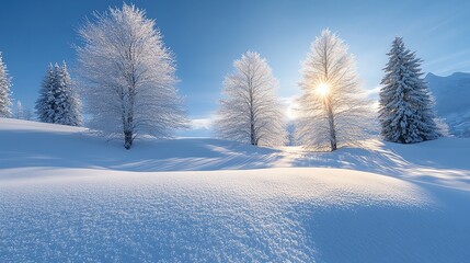 Poster - Snowy landscape with frosted trees, sun shining through branches and casting long shadows on the snow.