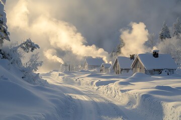 Poster - Snowy winter scene with a small village in the distance.  Smoke rises from chimneys in the crisp, cold air.