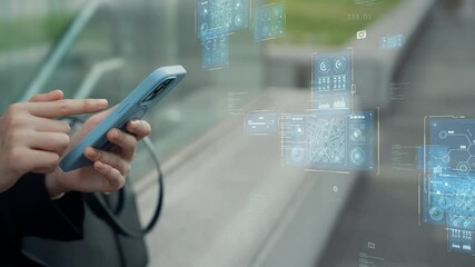 Poster - Social network concept with woman using smartphone in the city