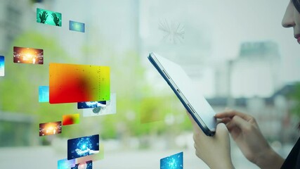Poster - Woman using a tablet in the city and video content concept