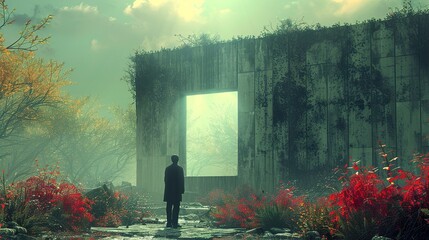 Wall Mural - A Man Stands Before a Window in a Foggy Landscape