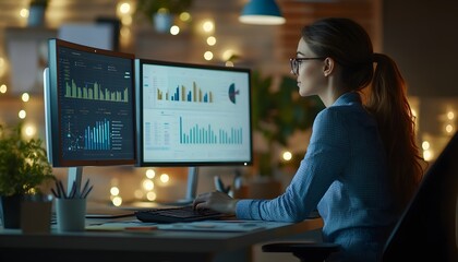 Poster - Woman Working Late at Night with Financial Data on a Computer Screen