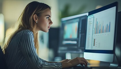 Poster - Woman Analyzing Data on Computer Screen in Office