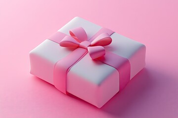 A beautifully wrapped gift box with a pink ribbon on a soft pink background, perfect for celebrations and special occasions.